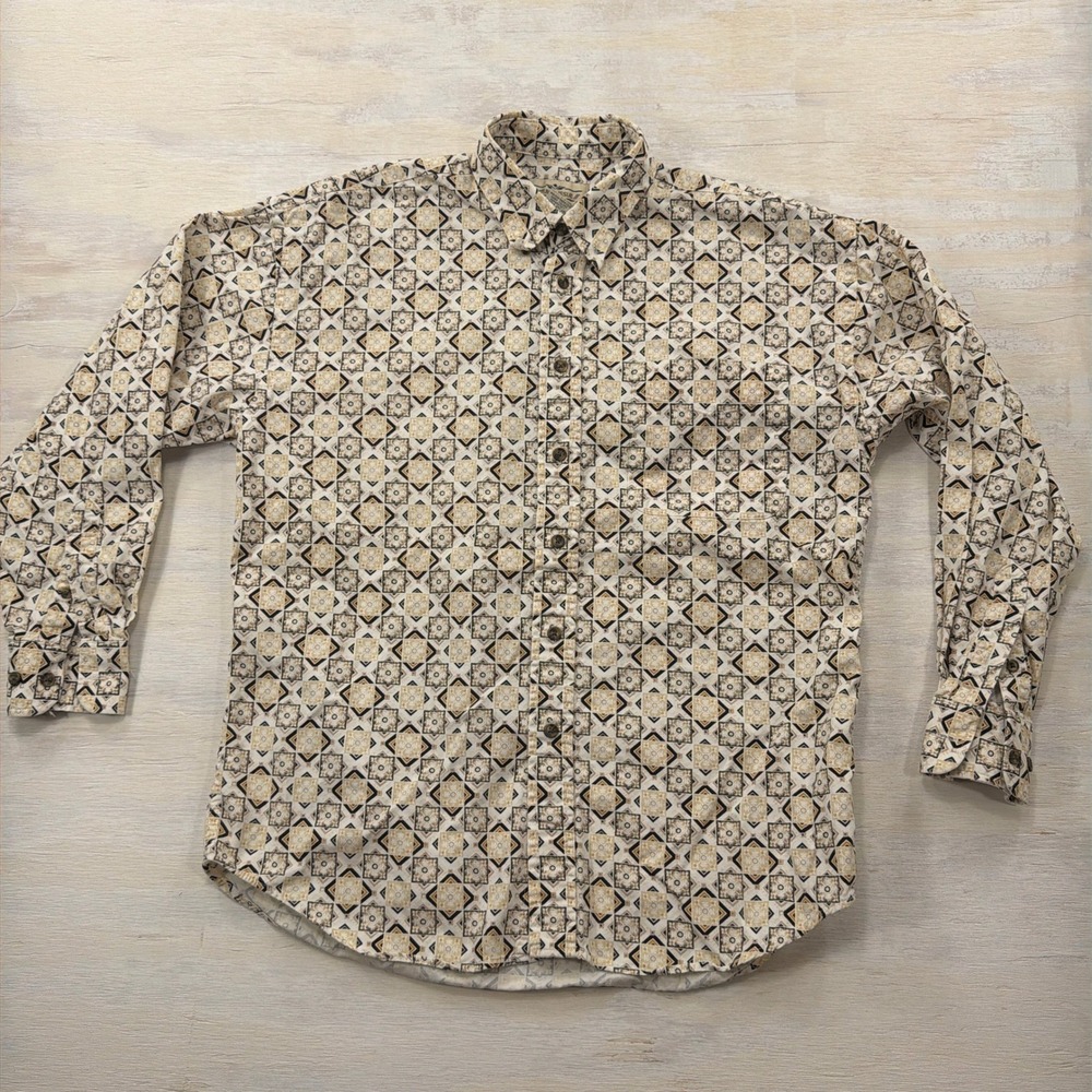 Natural Issue Button Down Shirt Geometric Tile Print Earth Tones Men Medium